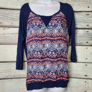 Jolt Women’s Navy Coral Tribal Print Long Sleeve Top Size M